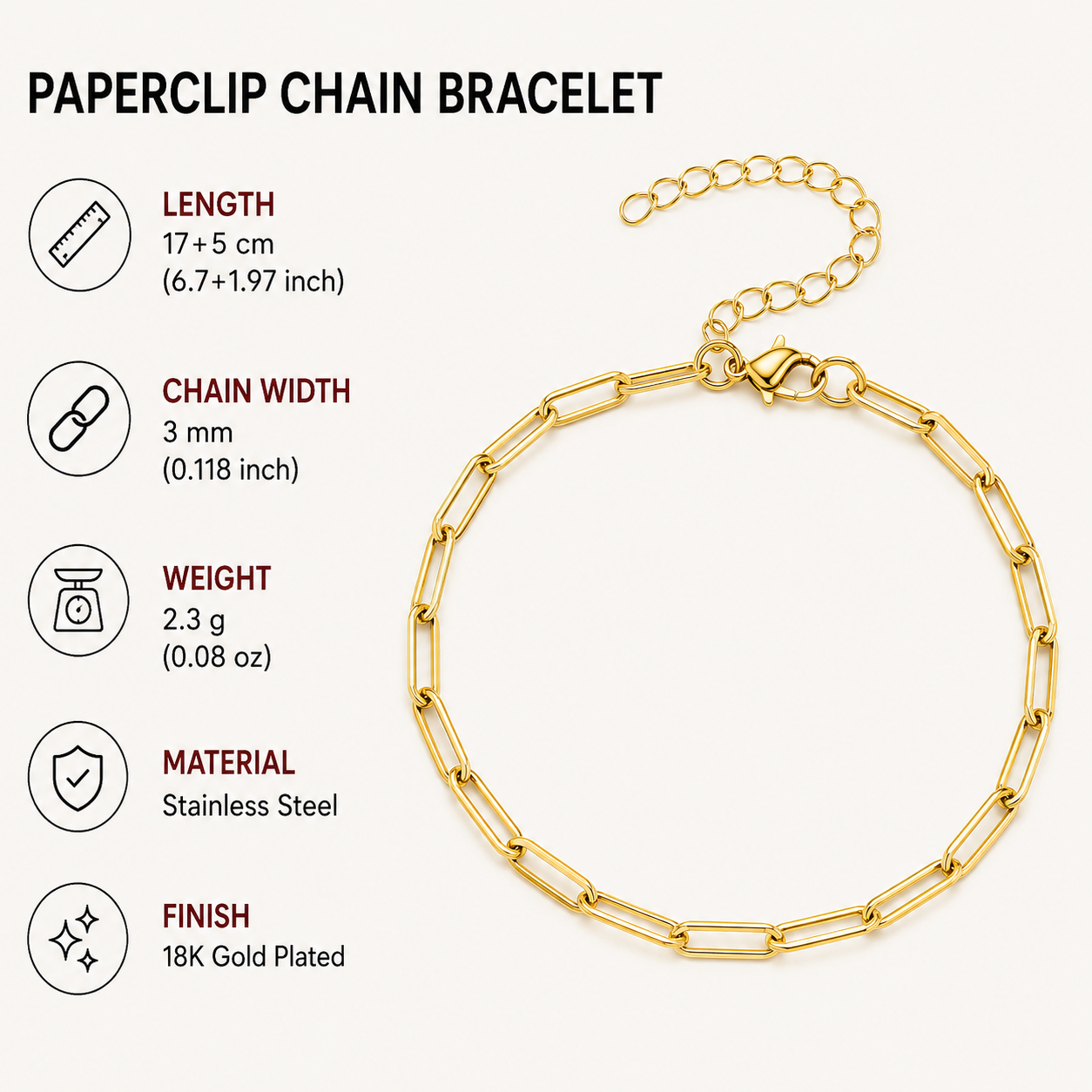 18K Gold Plated Paperclip Chain Bracelet