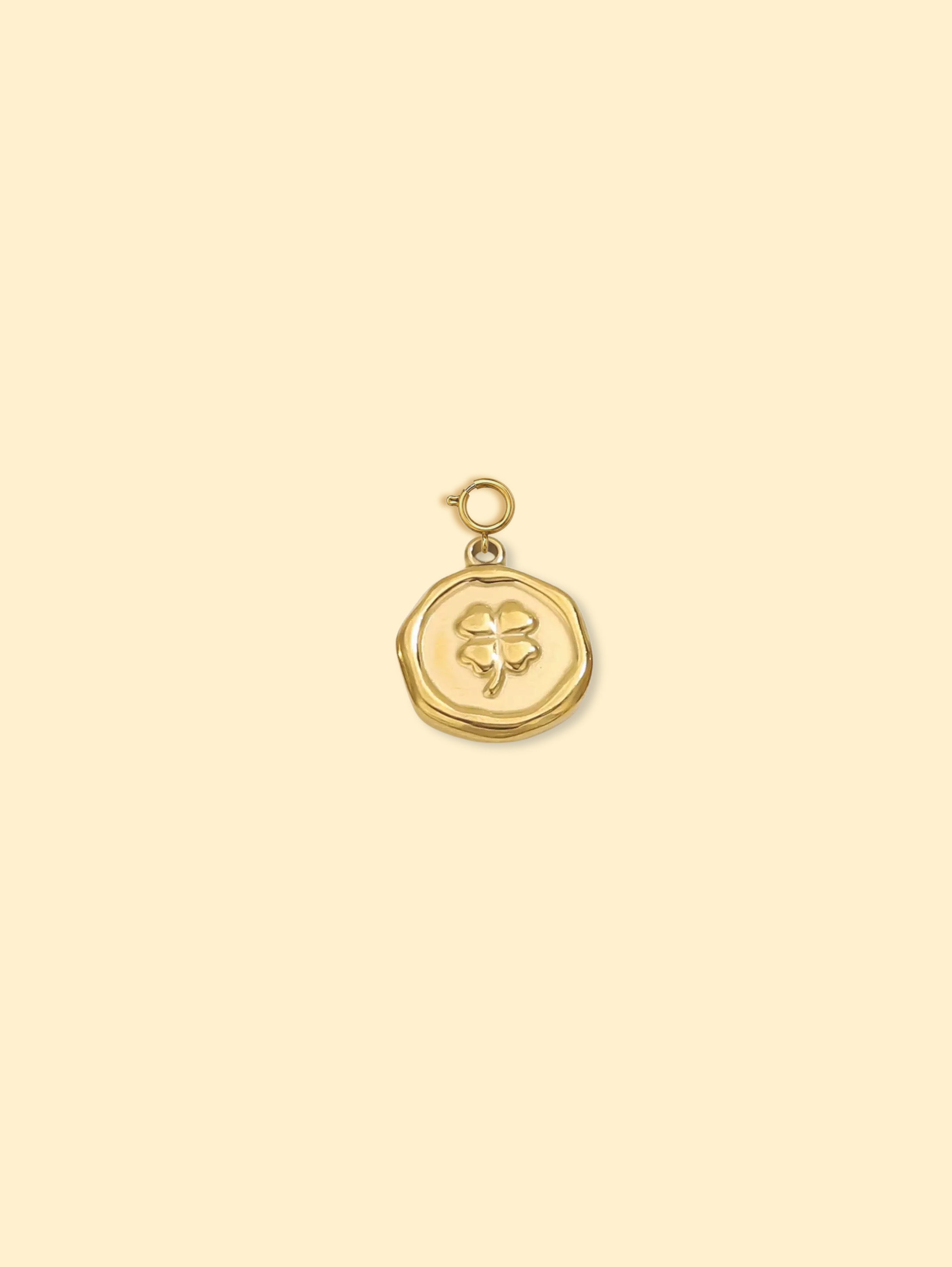 18K Gold Plated Four Leaf Clover Coin Charm Pendant Stainless Steel Anti Tarnish