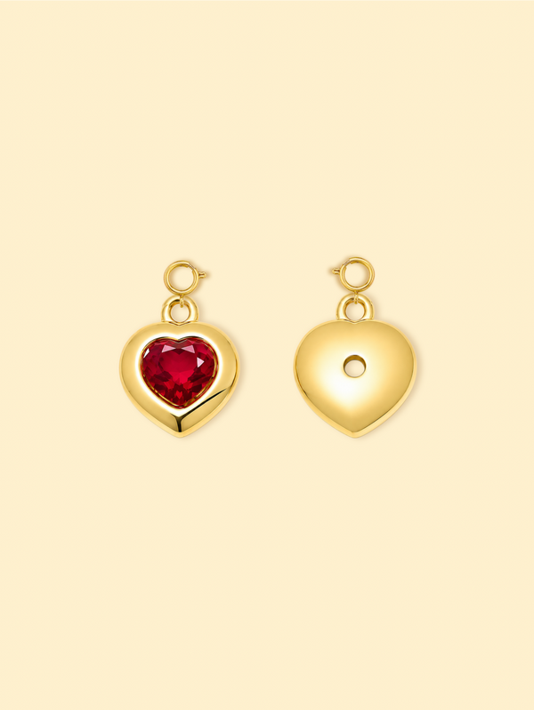 18K Gold Plated Stainless Steel Heart Charm with Maroon Crystal.