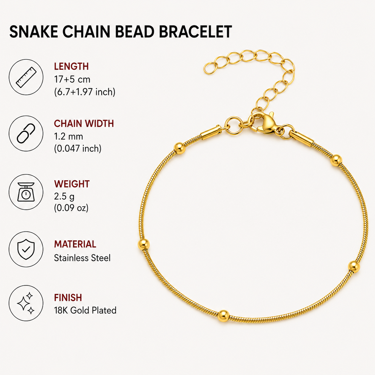 18K Gold Plated Snake Chain Bead Bracelet