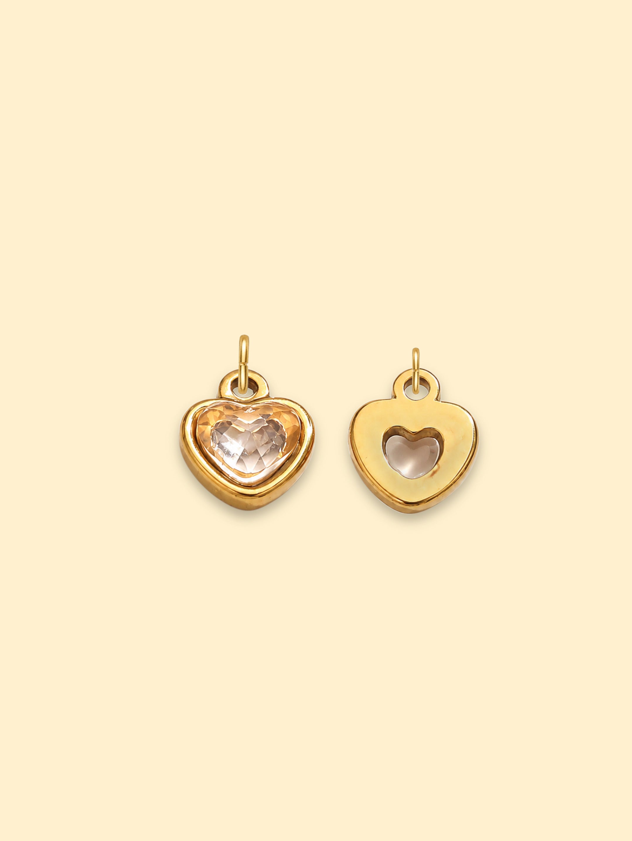 Champagne Crystal Heart Charm 18K Gold Plated Stainless Steel