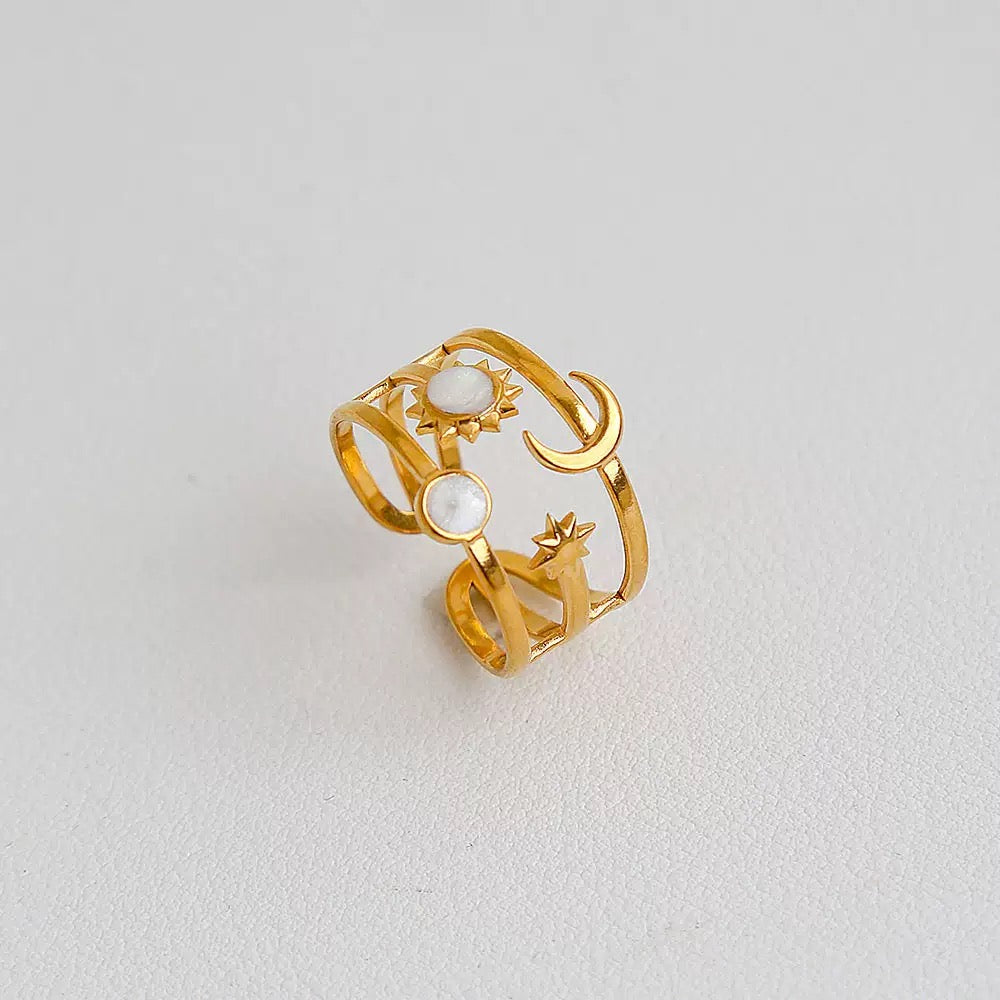 Celestial Moon Sun Ring Stainless Steel 18k Gold Plated