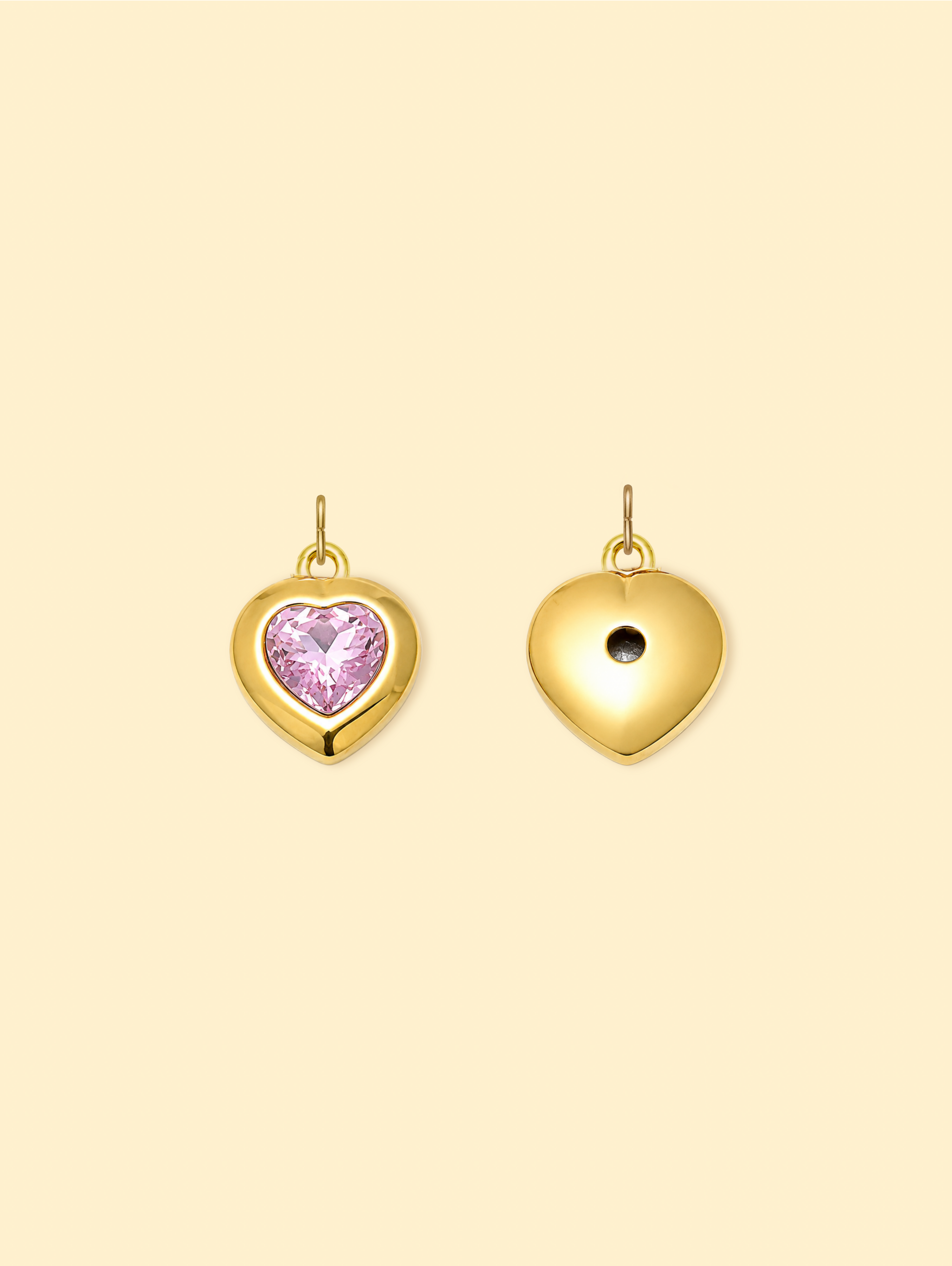 18K Gold Plated Stainless Steel Heart Charm with Pink Crystal.